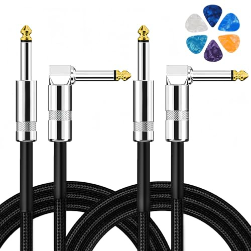Aqdocvf 2-Pack Guitar Cable, Guitar Cord 10ft, AMP Cord for Bass & Electric Guitars/Keyboard/Mandolin, Pro Audio Instrument Cable (Right Angle to Straight, Black)