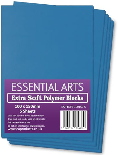 Essential Arts Extra weiche doppelseitige Polymer-Blöcke, 100 x 150 mm, 5 Stück, 3 mm, superweiche Relief-Druckbögen für einfaches Linoleumschnitzen, Kunst und Handwerk