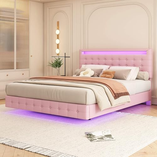 YCYDHDM Polsterbett 140 x 200 cm mit L/ED-Umgebungslicht und Lattenrost, Doppelbett mit Verstellbares Kopfteil, Bett für Schlafzimmer und Gästezimmer, Schwebebettrahmen, PU, Ohne Matratz, Rosa