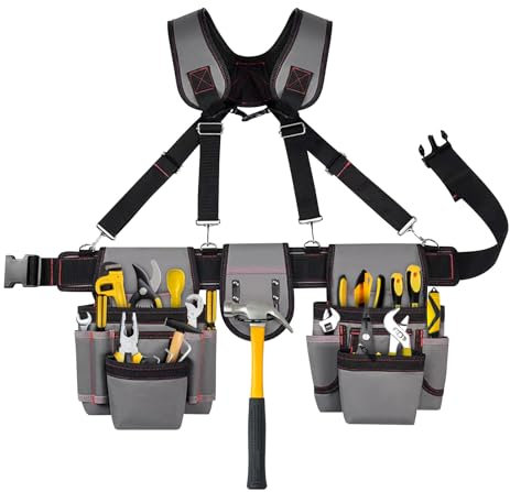 Carpenter Tool Belt Tool Belt with Suspenders Multi Pockets Tool Pouch Adjustable Tool Bag with Suspenders Pockets, Lightweight 600D Oxford Cloth Construction Utility Belt