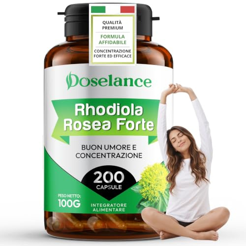 Rhodiola Rosea Forte 200 Capsule (per 6 Mesi) - Buon Umore e Concentrazione | Tonico Adattogeno Rinvigorente - Contro Stanchezza Fisica e Mentale - Integratore Made in Italy by Doselance
