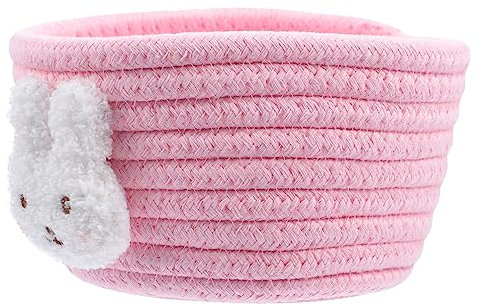 WATIIFUFU Geflochtener Baumwollseil Korb Multifunktional Desktop Aufbewahrung Organizer Spielzeughalter Rosa Mit Hasenmotiv
