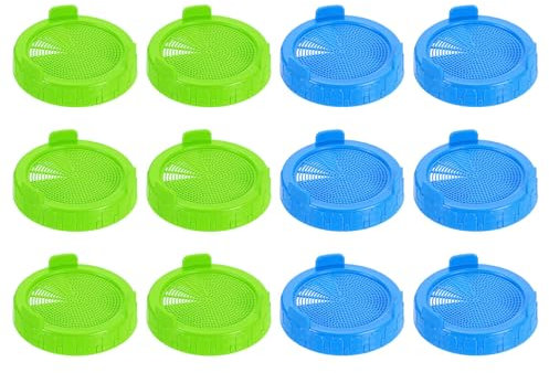 sourcing map 12 Pcs Sprouting Lids for Mason Jars 86mm Wide Mouth Plastic Canning Jar Lid for Grow Bean Sprouts, Salad Sprouts, 6 Green 6 Blue
