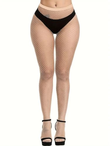 Boolavard nätstrumpor, strumpbyxor med hög midja för kvinnor, nätstrumpbyxor för damer i plus size, en storlek som passar alla, Ljusbeige, one size
