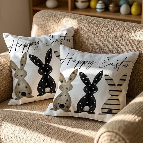 Vorysum 2er Set Ostern Kissenbezug 45x45 cm Kaninchen Osterdeko Sofakissen Ostereier Kissenbezüge Schwarz Kissen Frühling Sommer Happy Easter Kissenbezug Deko Urlaubsparty Picknick Outdoor Garten