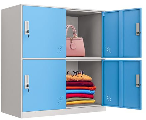 Metallschrank mit abschließbaren Türen, freistehender Organizer für Büro, Zuhause, Schlafzimmer, Fitnessstudio, Blau, 4 Türen