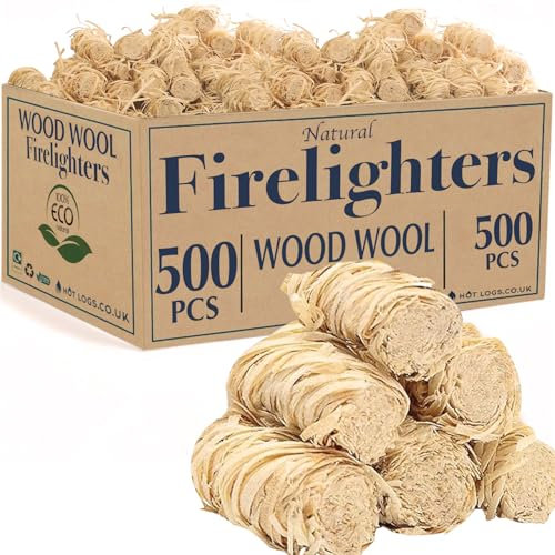 Natural Firelighters Large Box. Natural Wood Wool Wax Fire Lighters for Stoves, Wood Burners, Pizza Ovens, Open Fires, Fire Pit, BBQ Lighters, Fire Starters for Log Burners (500 Pack)