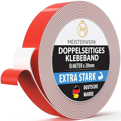 MEISTERWERK Doppelseitiges Klebeband ohne Bohren - [EXTRA STARK] - Universelles Montageband I Doppelseitiges Klebeband stark I Doppelklebeband (8m x 20mm)