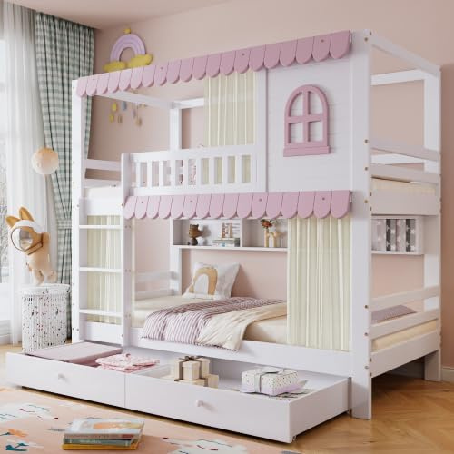 YuQozii Litera, cama infantil con ventanas y cortinas, con rejilla anticaídas, estante abierto, barandilla estable, dos cajones con ruedas, amplio espacio de almacenamiento, madera de pino+MDF, blanco