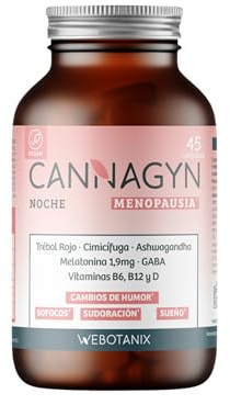 WeBotanix | Cannagyn Noche Menopausia | Complemento Alimenticio Natural | Trébol Rojo, Ashwagandha, Cimicífuga, GABA y Melatonina | Alivia Sofocos, Insomnio y Estrés | 45 Cápsulas | Vegano