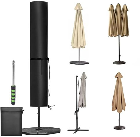 Aipwerer Copri Ombrellone da Giardino, Copertura per Ombrelloni Esterno, Impermeabile, Antivento, Anti-UV con Cerniera e Palo per Ombrelloni a Braccio Decentrato Nero 240X57/57cm
