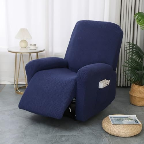 PEIHUODAN Fundas para Sillón Reclinable de 1 Plaza con Bolsillos, Jacquard de Color Sólido 4 Piezas de Fundas Elásticas para Sillón y Sofá, Funda de Sofa Sala, Dark Blue