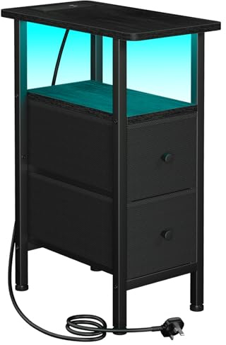 AMHANCIBLE Slim Bedside Table with Charging Station, Narrow Side Table with LED Lights, Small End Table with 2 Fabric Drawers, Nightstand for Small Spaces, Living Room, Bedroom, Black UHETNDP02LBK-1