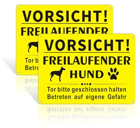 2 Stück Vorsicht Hund Schild, 25 x 18cm Freilaufender Hund Schild Metall Alu,Reflektierendes Aluminium Warnung vor dem Hund Schilder Wetterfest – Für Innen- und Außenbereich,Gelb