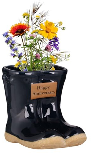 Dibor Ceramic Wellington Boot Planter with Happy Anniversary Plaque (Blue) | Engraved Plaque, Flower Pot, Drainage Hole, Ceramic Pot, Glazed Finish, Gardening Gift