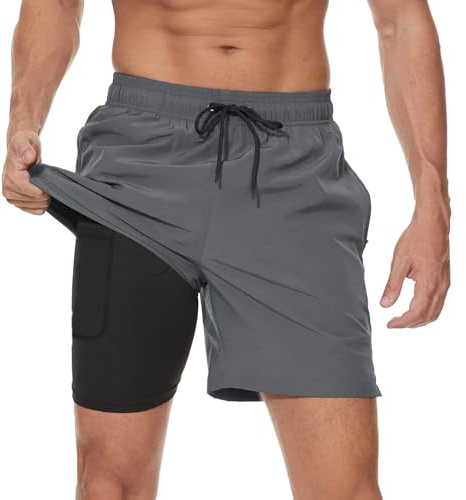 Arcweg Costume da Bagno da Uomo con Boxer Slip Foderato Pantaloncini da Bagno Fodera a Compressione 2 in 1 Pantaloncini da Spiaggia con Tasca con Cerniera Surf
