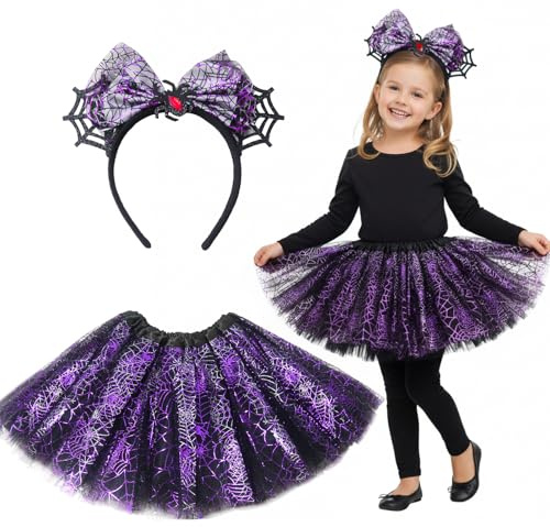 Wolkstello Spinne Kostüm Kinder, Tüllrock Spinnennetz + Spinnen Haarreif, Halloween Kostüm Kinder Mädchen, Spider Costume für Cosplay Party Karneval Fasching Mottoparty