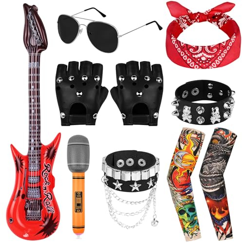 BSBUY Disfraces de Rock Accesorios, Kit de Rockero de Punk Gotico de Años 80 para Niños, con Guitarra y Micrófono Inflable, Gafas de Sol, Bandana, Guantes, Pulsera, Mangas de Tatuaje Falso, Negro