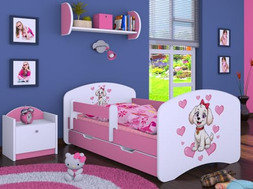 Happy Babies Kinderbett - mit Rausfallschutz Junge 140x70 Mädchen, Bett für Kinderzimmer mit Schublade & Matratze Einzelbett für Kinder Kinder Hundemotiv, süße Bilder (Rose) (Nr 4)