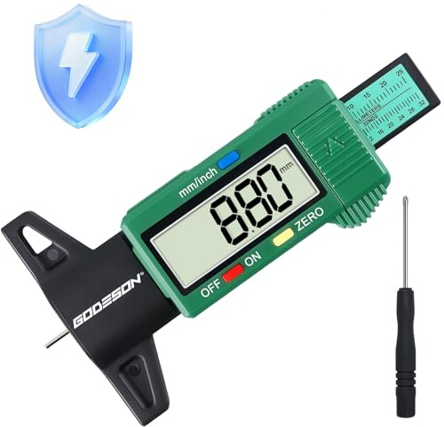 GODESON Jauge Profondeur Pneu Digitale, 0-25,4 MM/1 Pouce, Grand Écran LCD, Mode Économe en Énergie, Vert Jauge de Profondeur pour Voitures, Camions, Motos