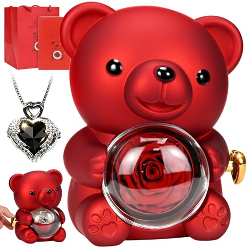 KOOOGEAR Rosa Stabilizzata: orsetto di rose e Collana Regalo per Fidanzata, Amore, Mamma, Nonna - San Valentino, Festa della Mamma, Compleanno, Nozze, Anniversario