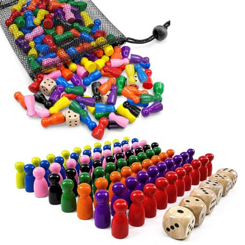 FuYelng 80 Pezzi Pedine Colorate per Gioco in Legno e 6 Dadi in Legno, 25 X 12 mm Pedine Multicolori con Borsa Portaoggetti Accessori Giochi da Tavolo, per Volare Scacchi Dama Famiglie