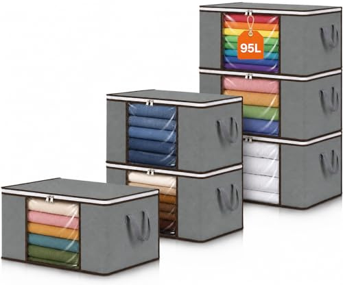RICHER HOUSE 6 Stück 95L Aufbewahrungstasche, Aufbewahrungsbox mit Deckel | Faltbare Kleideraufbewahrung Verstärktem verstärkt Griff & Reißverschluss, Umzugskarton, Bettdecken, Kleidung , Unterbett