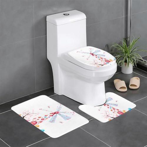 Flanell Anti-Rutsch-Bodenmatte, dreiteiliges Set, 61 x 40,6 cm, YYHWHJDE Osterei, Sakura, Windmühle, Bild, dick und saugfähig, für Badezimmer und Toilette