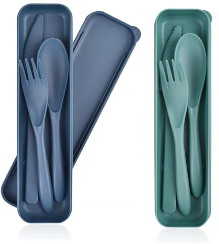 Rayakt 2 Set Travel Cutlery with Case, Portable Plastic Cutlery, Reusable Camping Utensils with Fork, Knife & Spoon, Travel Utensils for Camping, Picnic, School, Office, Outdoor Dining