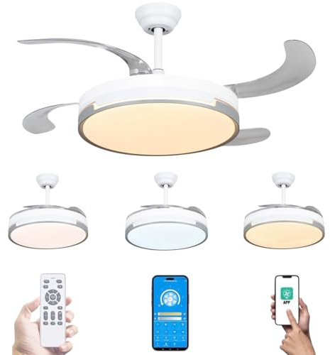 Mi Ko Mi Ka Ventilador de techo 96W con luz LED 60W+DC 36W en 3 Temperatura con Mando a Distancia -Motor DC Eficiente y Silencioso,aspas desplegables, 6 velocidades, control remoto, temporizador.