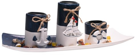 Qaixwuyi Teelichthalter Set Holz mit Maritimer Deko 3 Kerzenhalter mit Rettungsring Schiffsanker Segelschiff-Anhänger Tablett Steine Mediterraner Stil Tischdeko Vintage Deko Blau Weiß