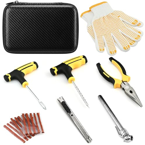 DARENYI 9 Piezas Juego de Reparación de Neumáticos Sin Cámara, Kit de Parche y Tapón para Pinchazos con Estuche, Kit de Parche de Neumáticos Portátil, Ideal para Coche, Moto, Camiones, ATV, Tractores