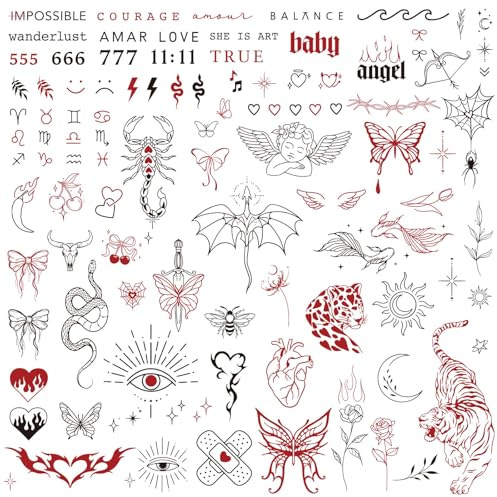 3 Sheets Temporary Tattoos for Women, Fine Line Realistic Fake Tattoos, Minimalist Gothic Body Art Stickers, Tiger Snake Angel Designs for Hand Arm Shoulder, Halloween Costume Party Gifts