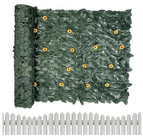 Foglie Finte per Balcone Pannelli di recinzione in finta edera artificiale da 0,5 x 3, m, con foglie verdi e fiori, for la privacy, for decorazione balconi, giardini esterni casa