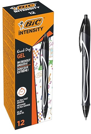 BIC Bolgrafo de Gel, Punta Media (0,7 mm), Tinta de Secado Ultrarrpido - Color Negro, paquete de 12 uds