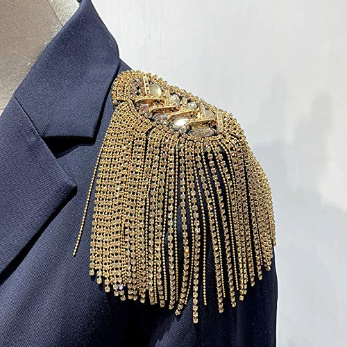 Beaded Crystal Shoulder Patches Motifs Fringe Tassel Epaulets Shoulder Brooches 2 Pieces (Gold)