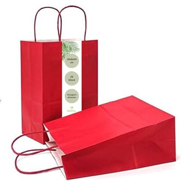 DeinPack 25 Papiertüten 18 x 8 x 24 cm aus Kraftpapier, Papiertüten mit Henkel, Geschenkverpackung, Geschenktüten, Gastgeschenke Tüten, Mitgebseltüten, Geschenktüten Set - rote Papier Tüten
