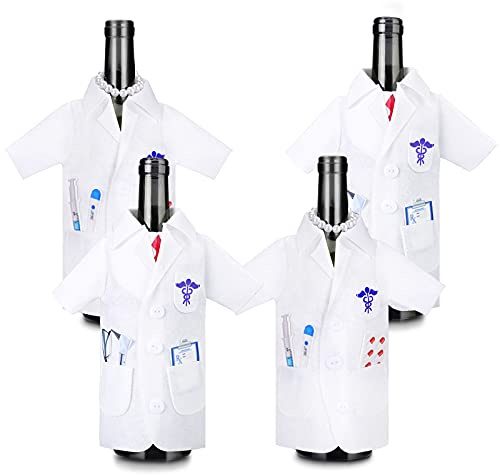 Geiserailie 4 Pcs White Coat Wine Bottle Cover Bag Ceremony Gifts Felt Doctors Men Nurses Gifts with Necklace Tie Shape Wine Cover White Beer Sleeve for Graduation Optometry Party Practitioner Gifts