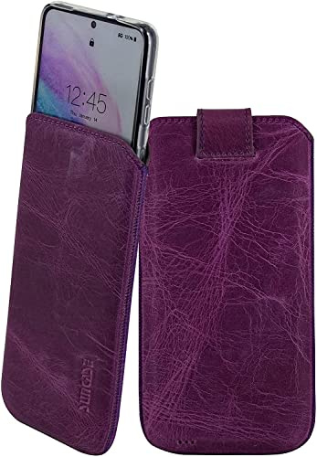 Suncase Leder Tasche kompatibel mit Samsung Galaxy S21 FE 5G Hülle mit ZUSÄTZLICHER Transparent Case | Schale | Silikon Bumper Handytasche (mit Rückzugsfunktion und Magnetverschluss) in antik-lila