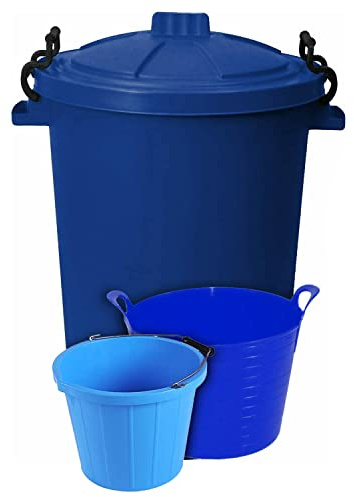 (Set of 3) 50L Litre Heavy Duty Clip Lock Lid Rubbish Bin, Dustbin /3 Gallon 14 Litre Plasters Builder Bucket and 20 Litre Flexible Plastic Storage Container Bucket Tub Trugs Horse Feeder (Blue)