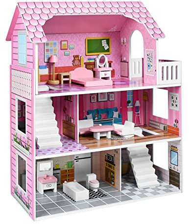 Froadp Maison de Poupee en Bois 60x27x70cm Maison Grande Ensemble de Jeu de Villa de Poupée Maison 3 Étages Dreamhouse avec Meubles et Accessoires pour Filles (Multicolore)