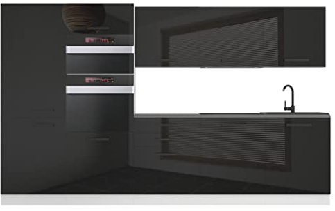 Belini Küchenzeile 300 cm Grace, mit Arbeitsplatten, Schwarz Hochglanz | Küchenblock Küchenmöbel Einbauküche Vollausstattung ohne Elektrogeräten mit Hängeschränke und Unterschränke