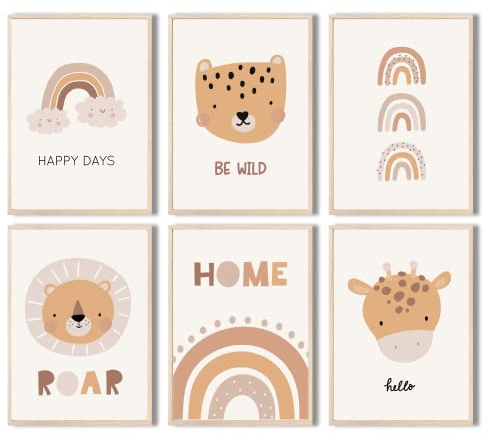 MeinBaby123® Poster Kinderzimmer | 6er Set DIN A4 | Wandbilder | Kinderzimmer Poster | Deko Bilder Kinderzimmer | Löew, Giraffe, Regenbogen || Babyzimmer Deko (Süße Tiere V3)