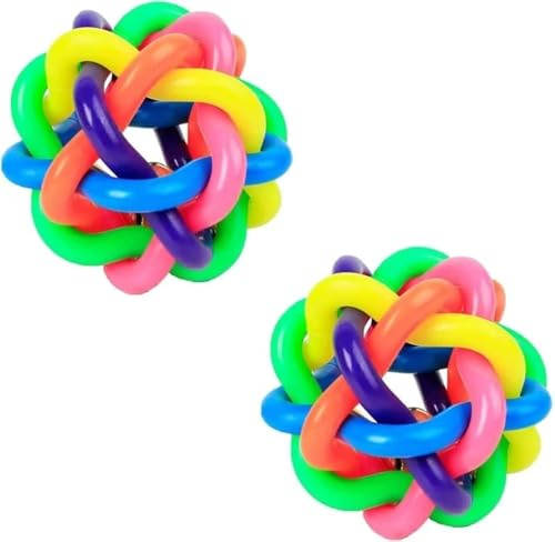 Norhogo 2 Stücke Geflochtener Gummiball Kauen Spielzeug Bunte Gummibälle für Hunde und Katzen, mit Glock, Gummi Woven Ball Knot Ball Kauspielzeug für die ZahnreinigungDurabl
