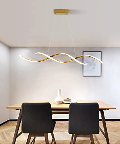 Hsyyz Hängelampe/mit Fernbedienung LED Pendelleuchte Moderner Esstisch Dimmbare Deckenleuchte Höhe Verstellbarer Kronleuchter Spiral Design Pendelleuchte, für Wohnzimmer Restaurant Küche (Gold)
