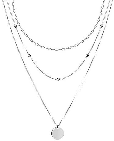 HMOOY Women's Layered Necklace Silver/Gold Plate Chain Double Multilayer Necklace with Coin Round Pendant, Copper,3 Layered-Silvery