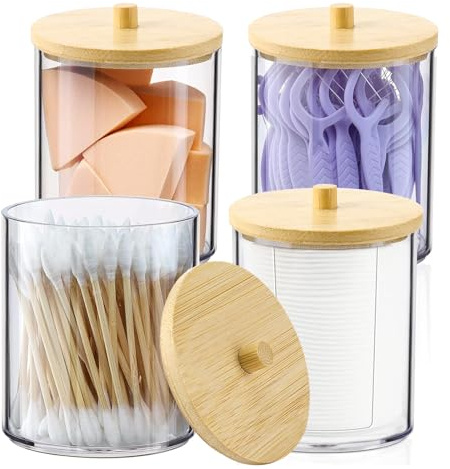 Miiepls Lot de 4 supports de maquillage en acrylique transparent | pour boules de coto, pour les Cotons-tiges et Démaquillants, Pot de Rangement Transparent pour Salle de Bain
