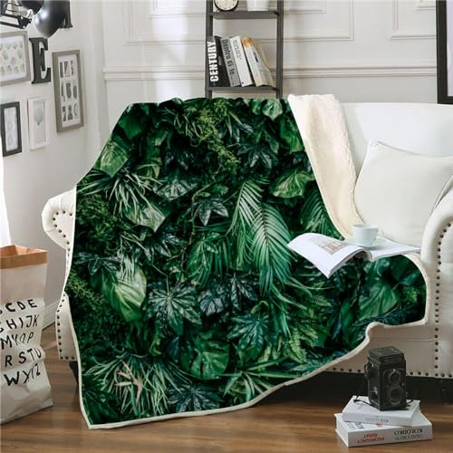 XPINGO Palmenblätter Kuscheldecke Sherpa Decke 150x200 cm Mikrofaser Super Weich und Warme Winter Blanket 3D Tropisch Dschungel Wohndecke Fleecedecke Flauschige Sofadecke für Sofaüberwurf Tagesdecke