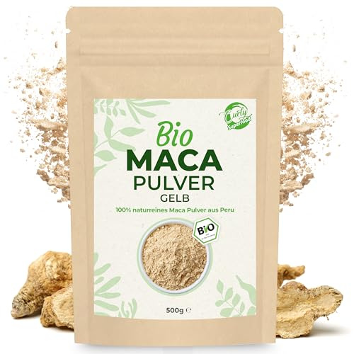 Curly Superfood Gelbes Maca Pulver Bio 500g - 100% Bio Maca Gelb aus Peru in naturreiner Rohkost Qualität ohne Zusätze - Feines Pulver für Smoothies, Säfte & Wasser