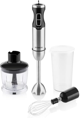 Hyundai Mixeur plongeant 3 en 1 I HB1000 I 1000 W I Moteur CC I Câble de 1,4 m I Embout hachoir | Gobelet mélangeur | Fouet | Réglage de la vitesse en continu